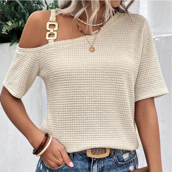 Cold Shoulder Chain Detail Asymmetrical Neck Waffle Knit Tee - Picture 1 of 3